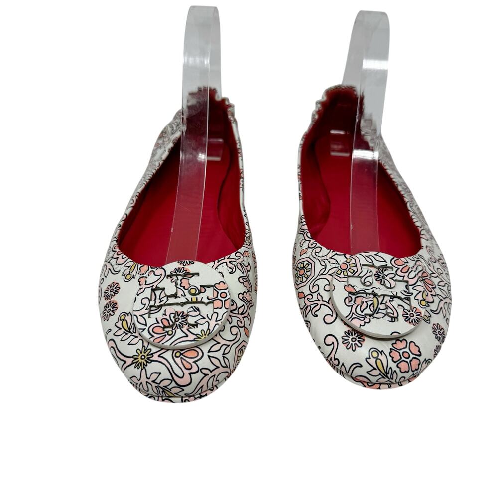 Tory Burch Minnie Travel Ballet Flats Snakeskin Print Leather Logo Shoes 8 - Picture 2 of 7